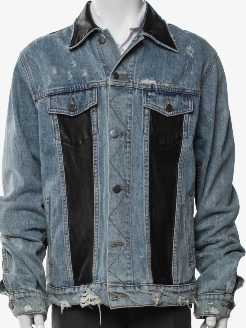 AMIRI Distressed Blue Denim Jacket with Black Leather Insets